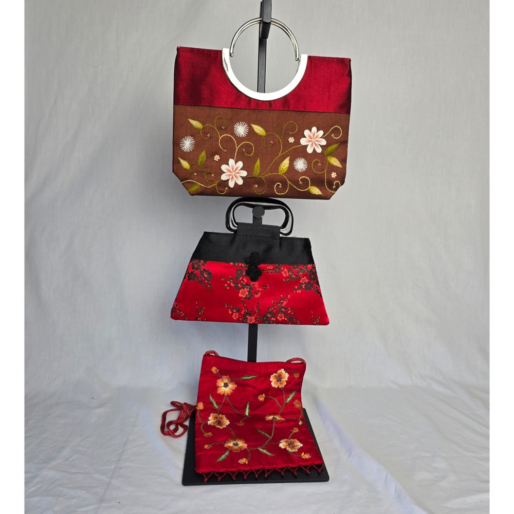 3 Beautiful Asian Inspired Floral Bags 2 Satchels, 1 Crossbody Red Multi-Color